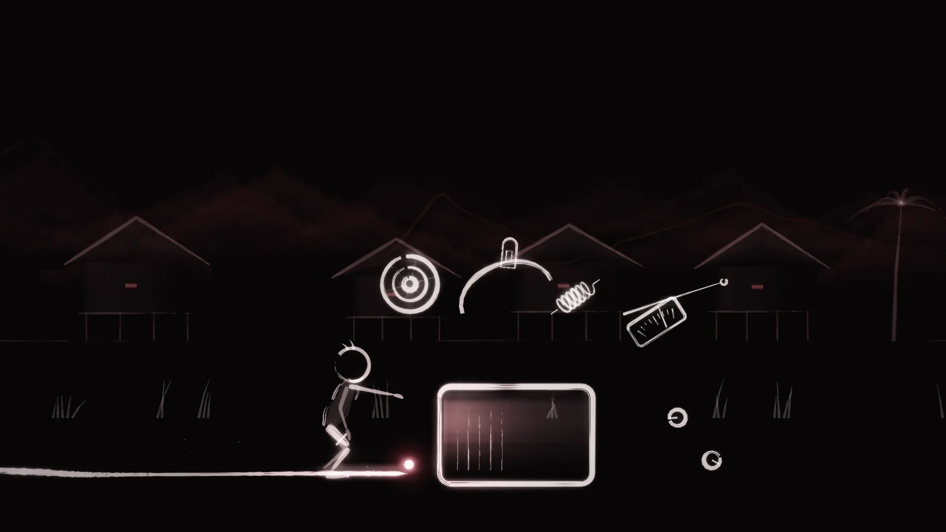 A small boy drawn in one line of ink-light looks at a radio that has come apart in the air: its case, speaker cone, dial and coil.