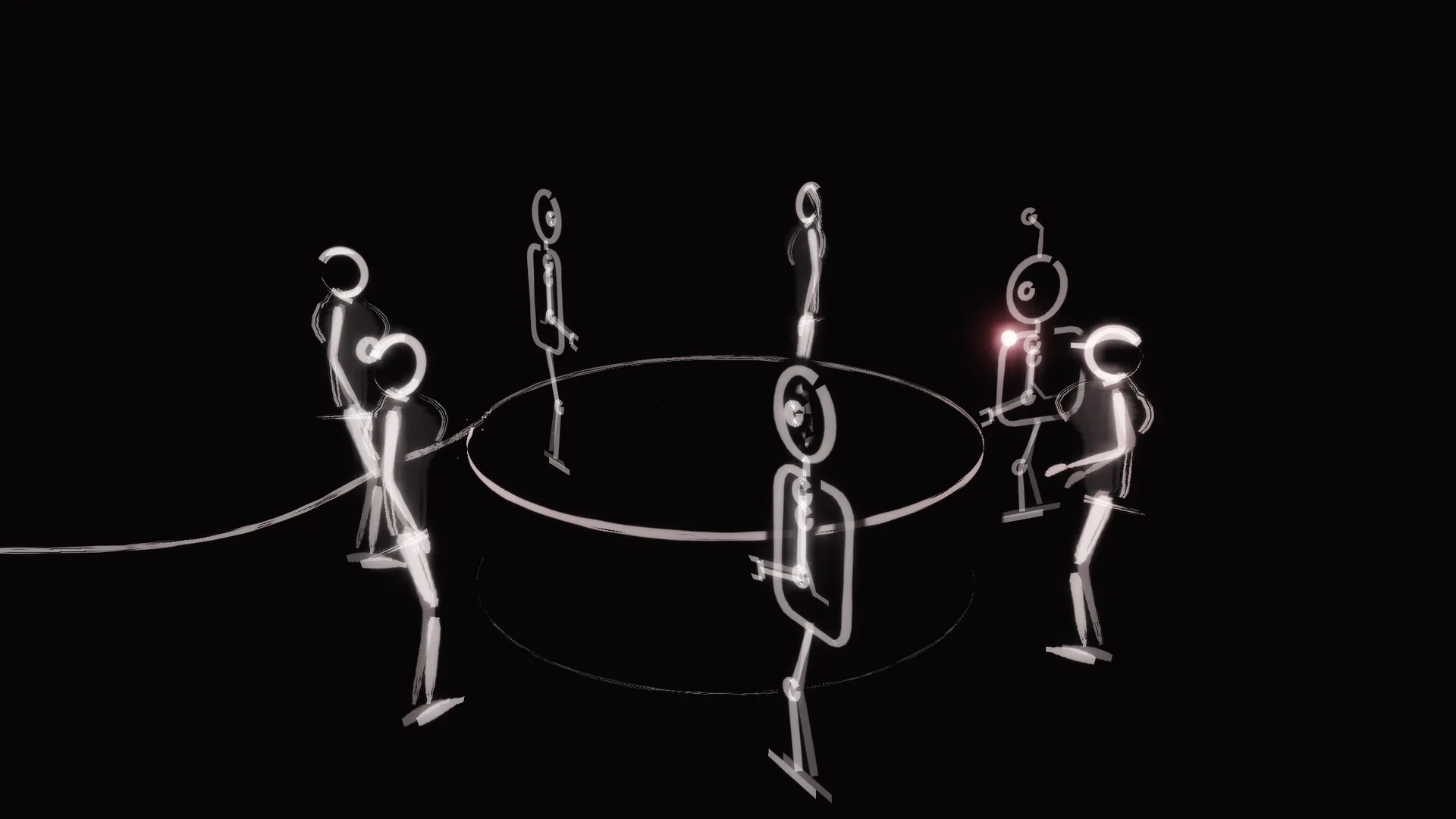 Seven figures stand around one round table, people drawn in loose ink and robots drawn in traces and pads, the ember passing between them.