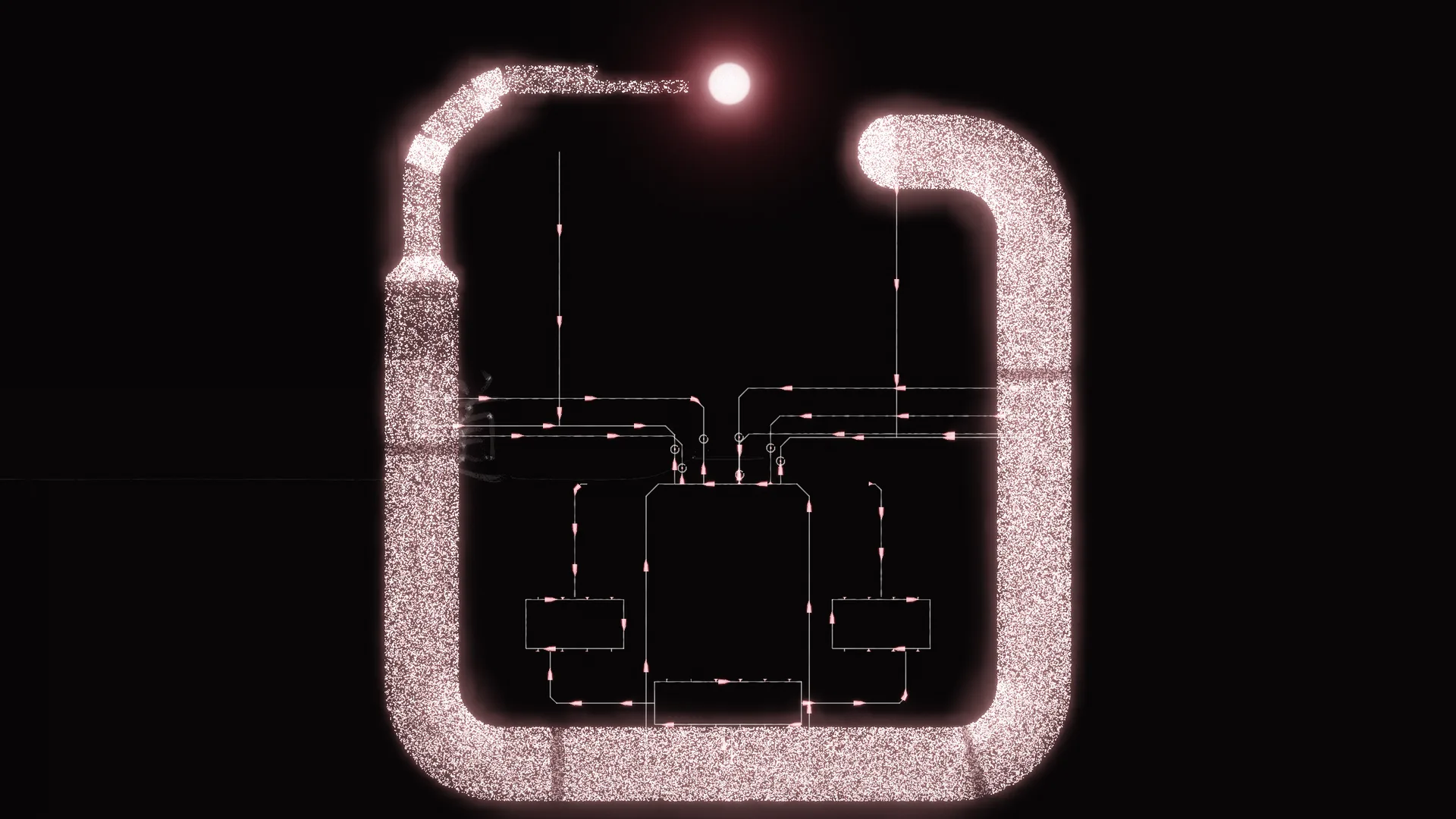 The circuit form of the mark, a square loop of light with a trace running out to the ember, drawn around the pads the seven have become.
