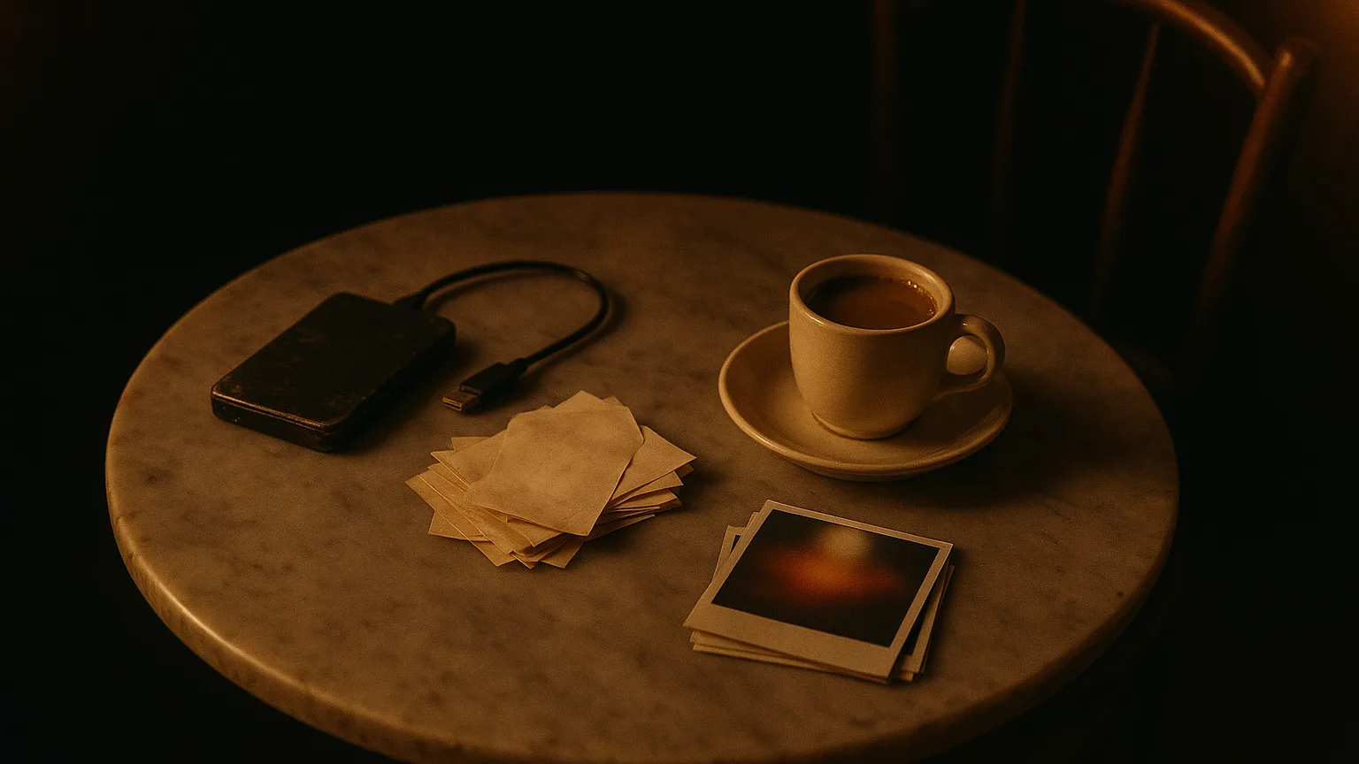 A marble kopitiam table at night: an old external hard disk, a pile of faded blank receipts, and a small stack of photo prints under one warm light.