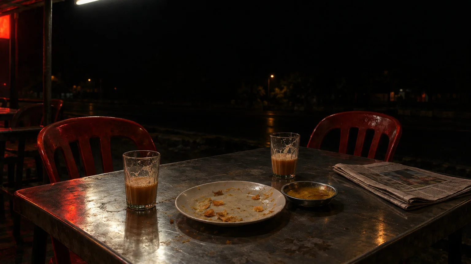 A mamak stall table late at night: two glasses of teh tarik, a plate of roti canai crumbs, red plastic chairs pushed back under a fluorescent light.