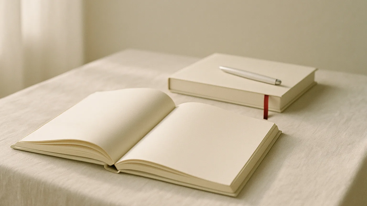 An open book with blank pages on a pale table in morning light, with a closed guest book and a capped pen set a little way behind it.