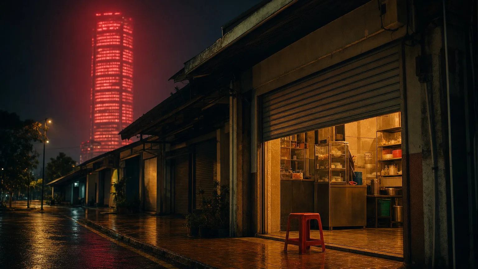 A small Malaysian shop at night with one empty red stool outside, and a huge glass tower glowing crimson far behind it.