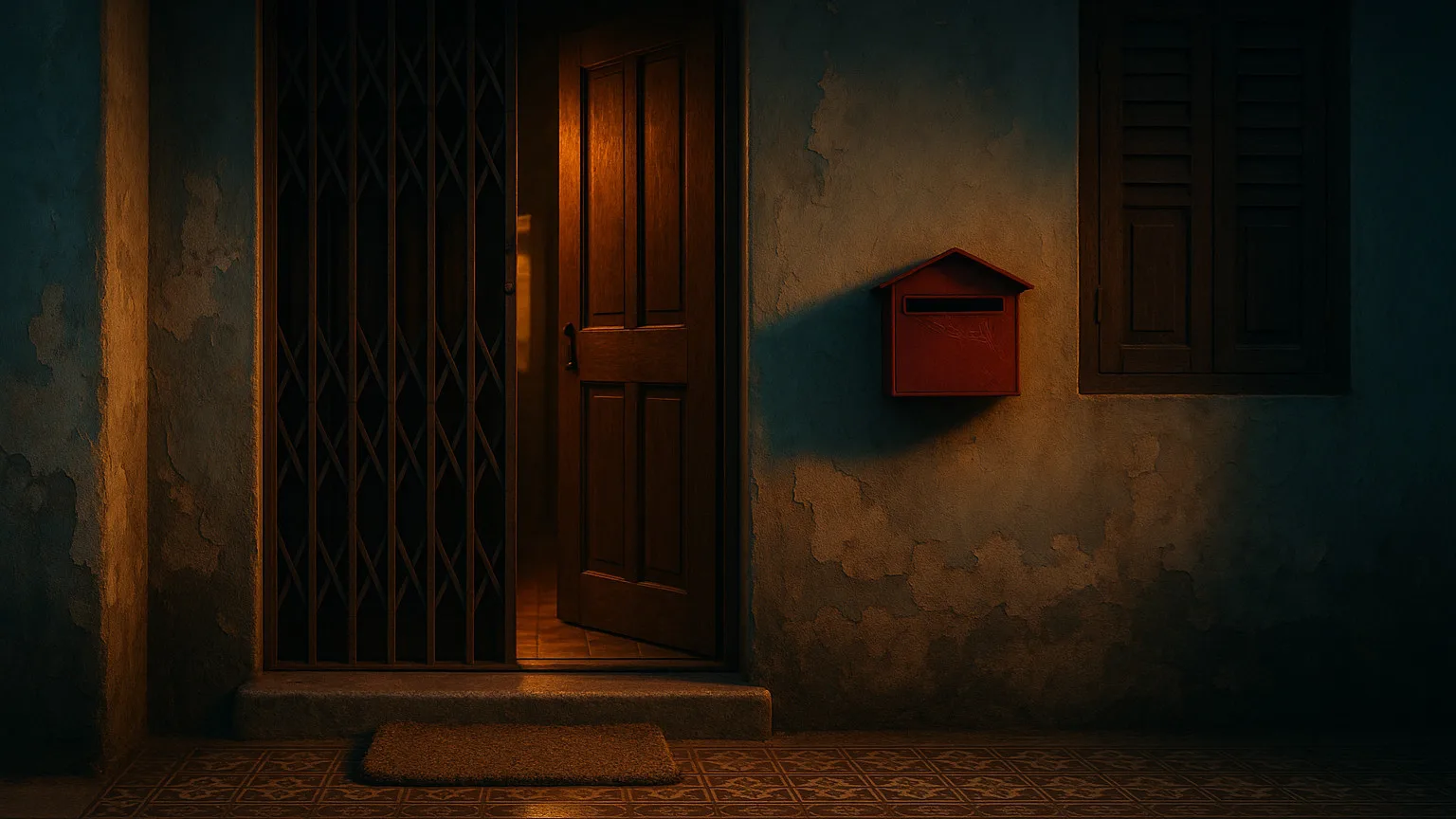 The front of a Malaysian shophouse at dusk, the door open behind a folding grille, a doormat on the tiles in front of the step, and a red letterbox on the wall beside it.