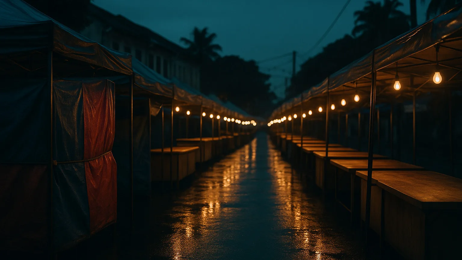A Malaysian night market street at dusk before opening, a long row of empty stalls under warm bulbs, one stall in front wrapped shut in red and blue tarpaulin.